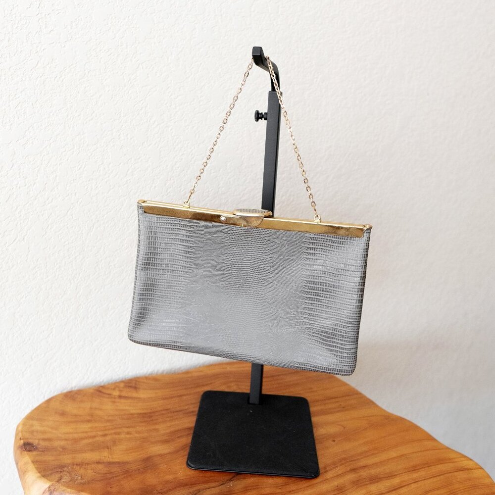 Etra 1960s Gray Vintage Genuine Leather Envelope Clutch w/ Gold Chain Retro Mod - Picture 2 of 11